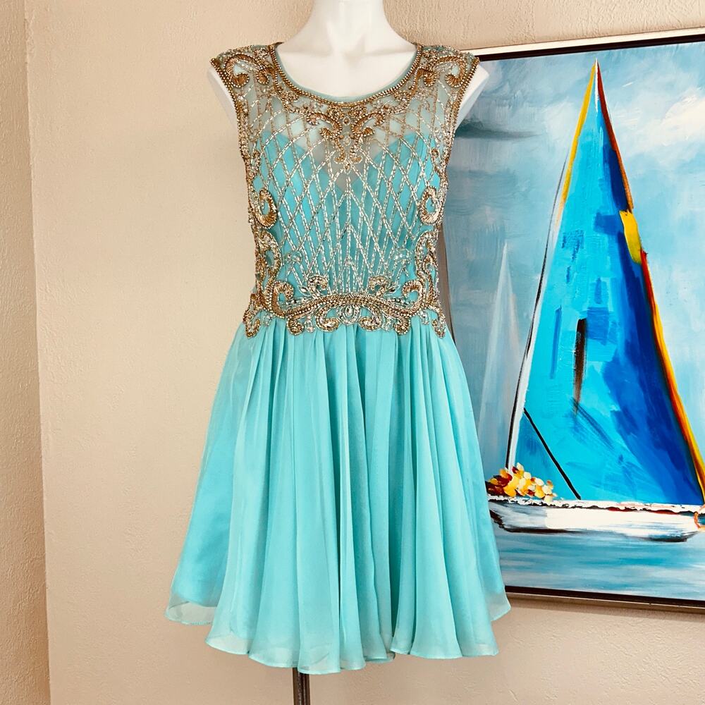 Alyce Paris Short formal dress Teal and Gold size 10 - Picture 2 of 5